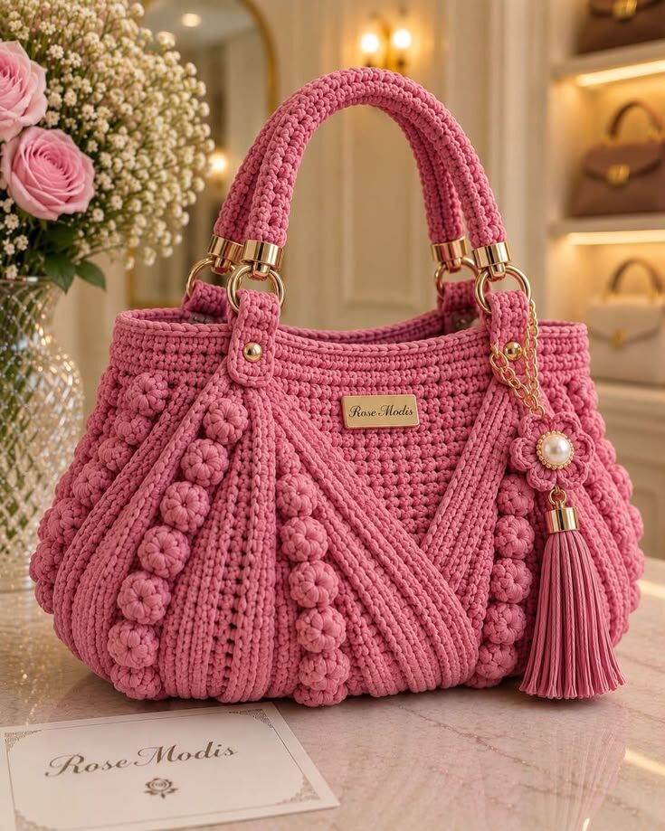 Sac en crochet rose à pompons