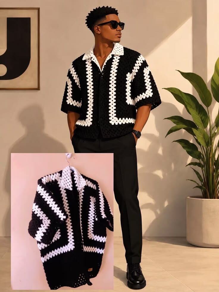 Veste en crochet graphique noir et blanc, style unisexe